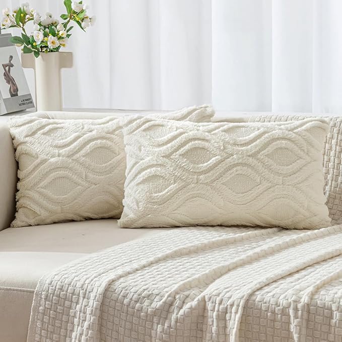 MIULEE Cream White Throw Pillow Covers 12x20 Inch, Soft Winter Plush Faux Wool by MIULEE