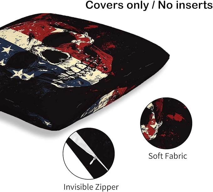 Patriotic Skull Throw Pillow Covers 18x18 Set of 2 | Decorative Cushion Cases - Image 6