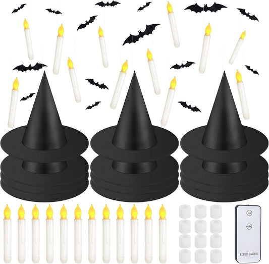 80 Pcs Halloween Hanging Witch Hats and Taper Floating Candles Set