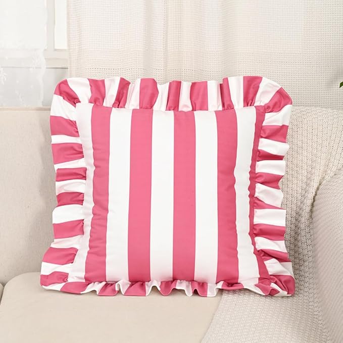 vctops Ruffle Square Throw Pillow Covers Boho Pink and White Striped Decorative - Image 3