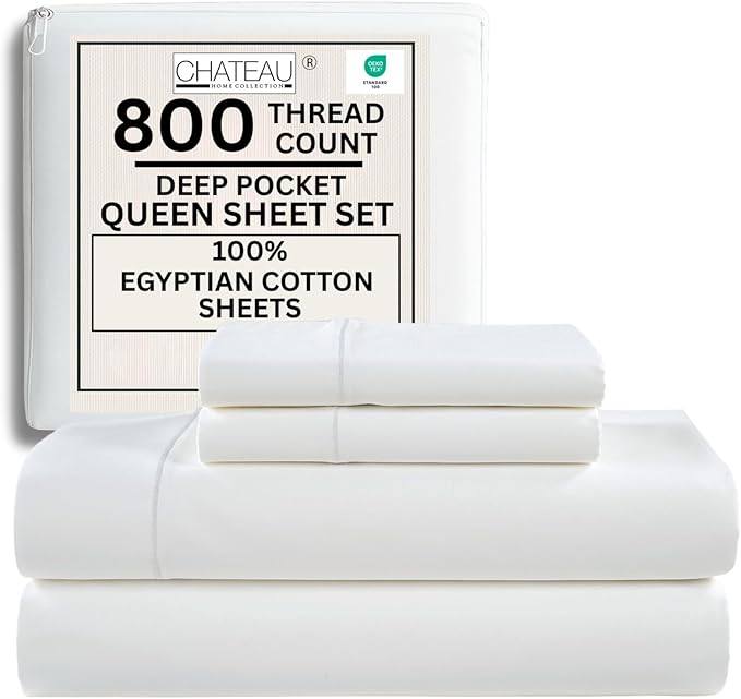100% Egyptian Cotton Sheets Queen Size Bed Set, Deep Pocket Queen Sheet set by CHATEAUHOMECOLLECTION