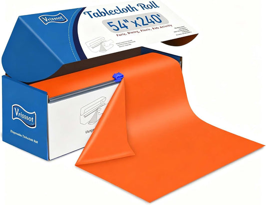 Disposable Orange Plastic Table Cover Roll 54in X 240ft - Heavy Duty Waterproof Tablecloth with Easy Slide Cutter for Halloween, Parties & Outdoor Celebrations
