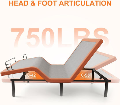 eshine adjustable bed frame with 10" gel memory, front angle view