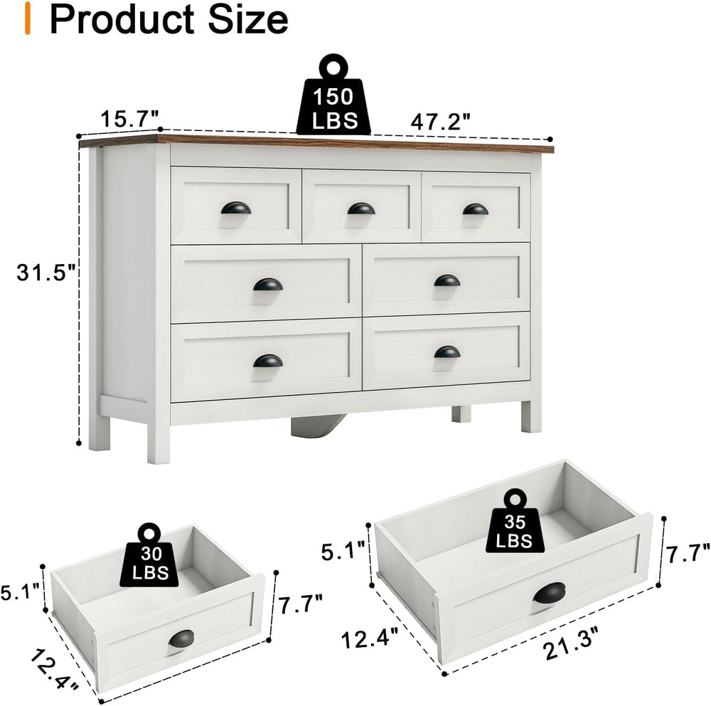 Antique White 7 Drawer Dresser for Bedroom, Farmhouse Wood Chest