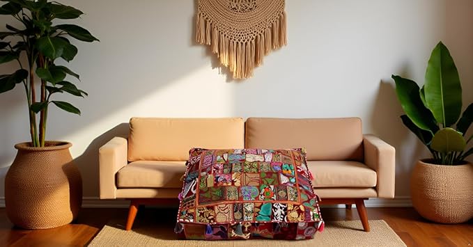 CRAFT KALA Indian Square Patchwork Traditional Pouf Cover Indian Living Room - Image 3