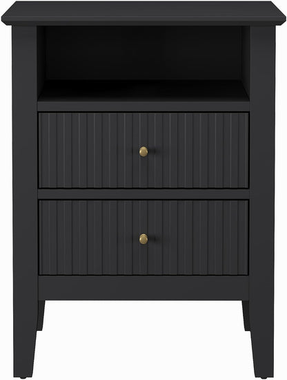 royalcraft black fluted nightstand with 2 drawers, colorful, front angle view