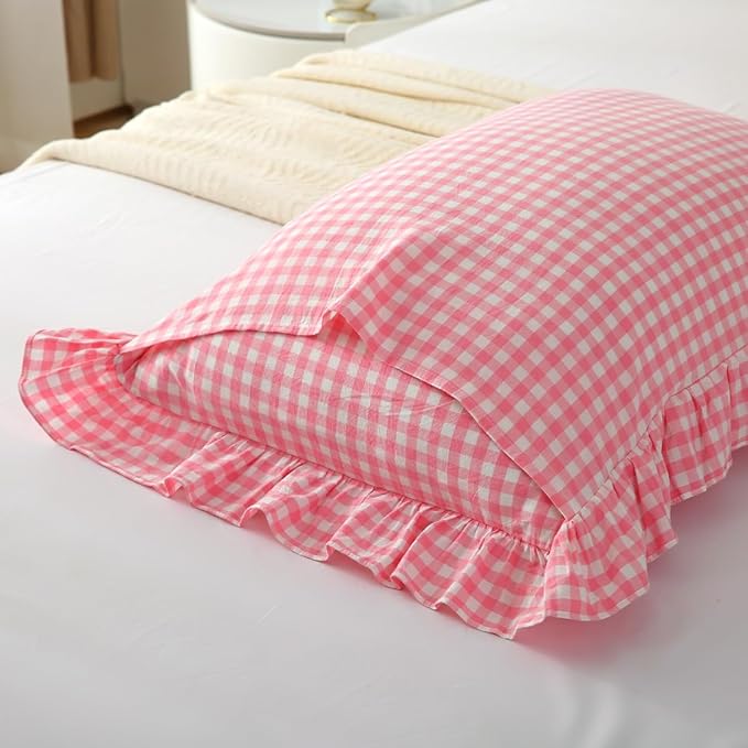 Vintage Light Pink Plaid Ruffle Pillow Shams Standard Size Set of 2, Washed - Image 4