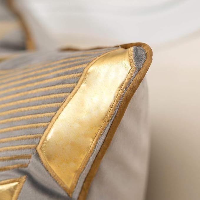 Alerfa 20 x 20 Inches Gray Geometric Gold Leather Striped Cushion Cases - Image 4