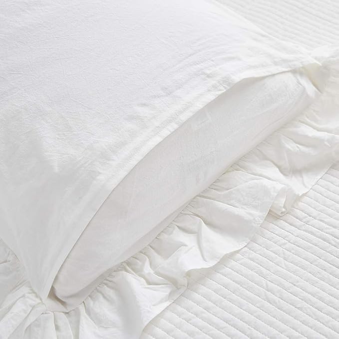 Shabby Off White Ruffle Pillow Shams Standard Size Set of 2, Washed Cotton - Image 4