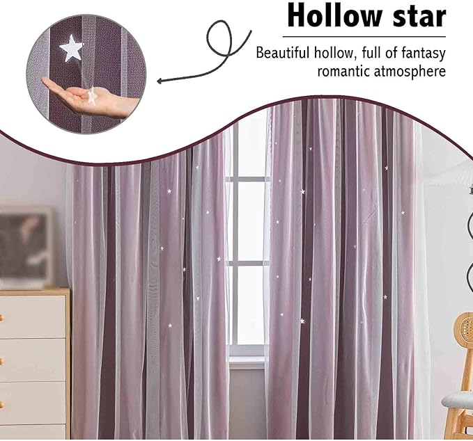 Anytime Romantic Kids Curtain, Hollow-Out Stars Window Curtain Double Layer - Image 6