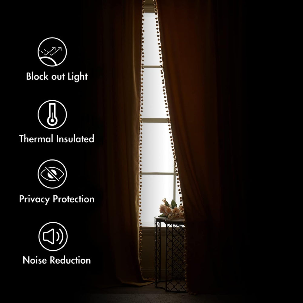 MIULEE Mustard Yellow Pom Pom Velvet Blackout Fall Curtains 2 Panel 52"x...