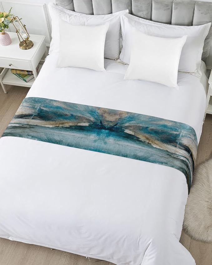 Abstract Mottled Turquoise Green Gray Art Bed Runners - Image 5