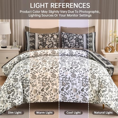 Boho Comforter Set Queen,Reversible Brown Gray Bedding Paisley 7 Piece