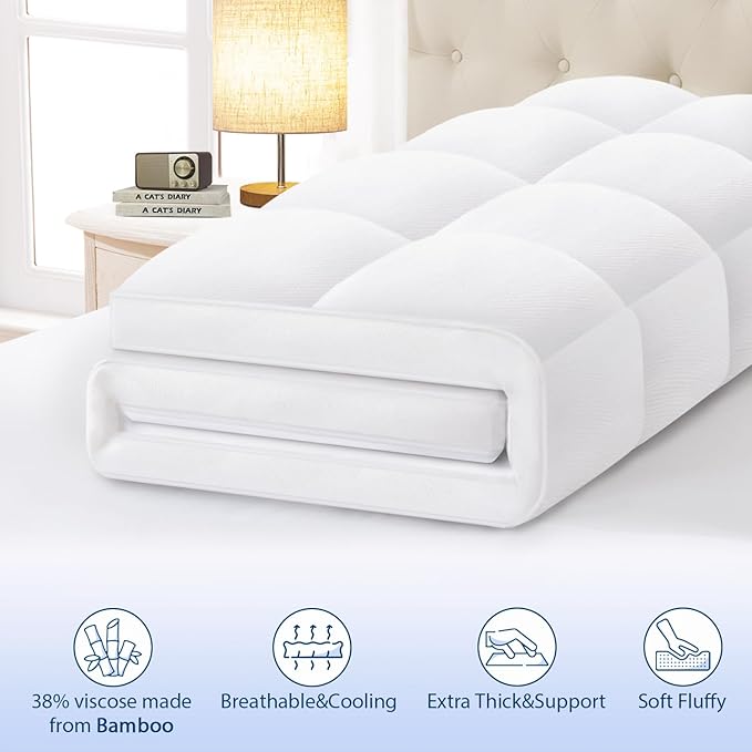 ELEMUSE King Cooling Bamboo Viscose Mattress Topper - Image 2