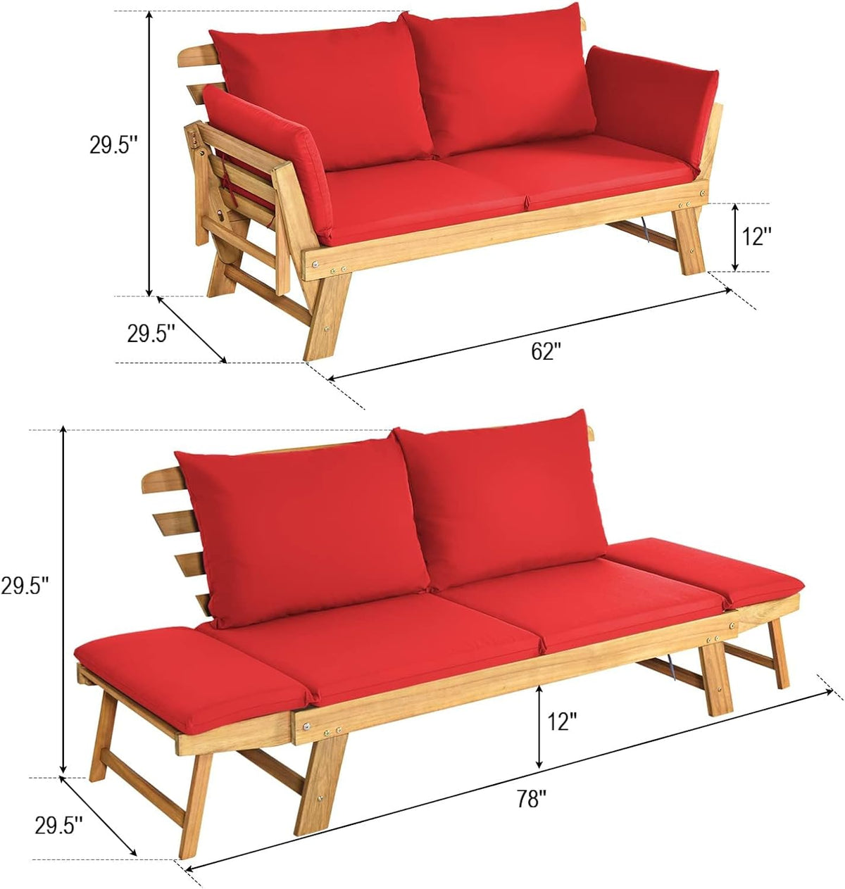 dortala patio convertible couch sofa bed, acacia wood, close-up detail