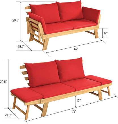 dortala patio convertible couch sofa bed, acacia wood, close-up detail