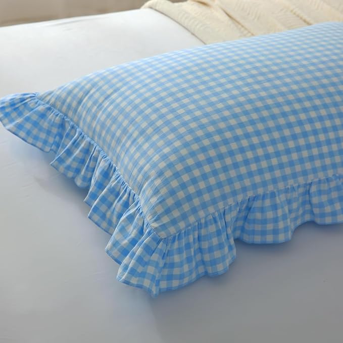 Vintage Sky Blue Plaid Ruffle Pillow Shams Standard Size Set of 2, Washed - Image 4