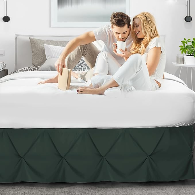 Nestl Forest Green Bed Skirt Full Size, Pinch Pleat Full Bed Skirt, Hotel - Image 6