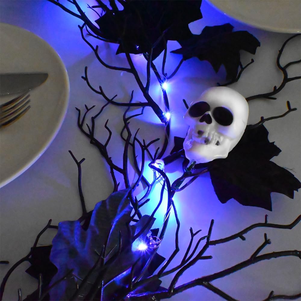 Halloween Black Garland with Timer 2 Pack 6 Feet Dead Branch Garland Lights with Maple Leaves and Skull Battery Operated Black Branch Garlands for Fall Halloween Mantle Wall Home Christmas Decoration