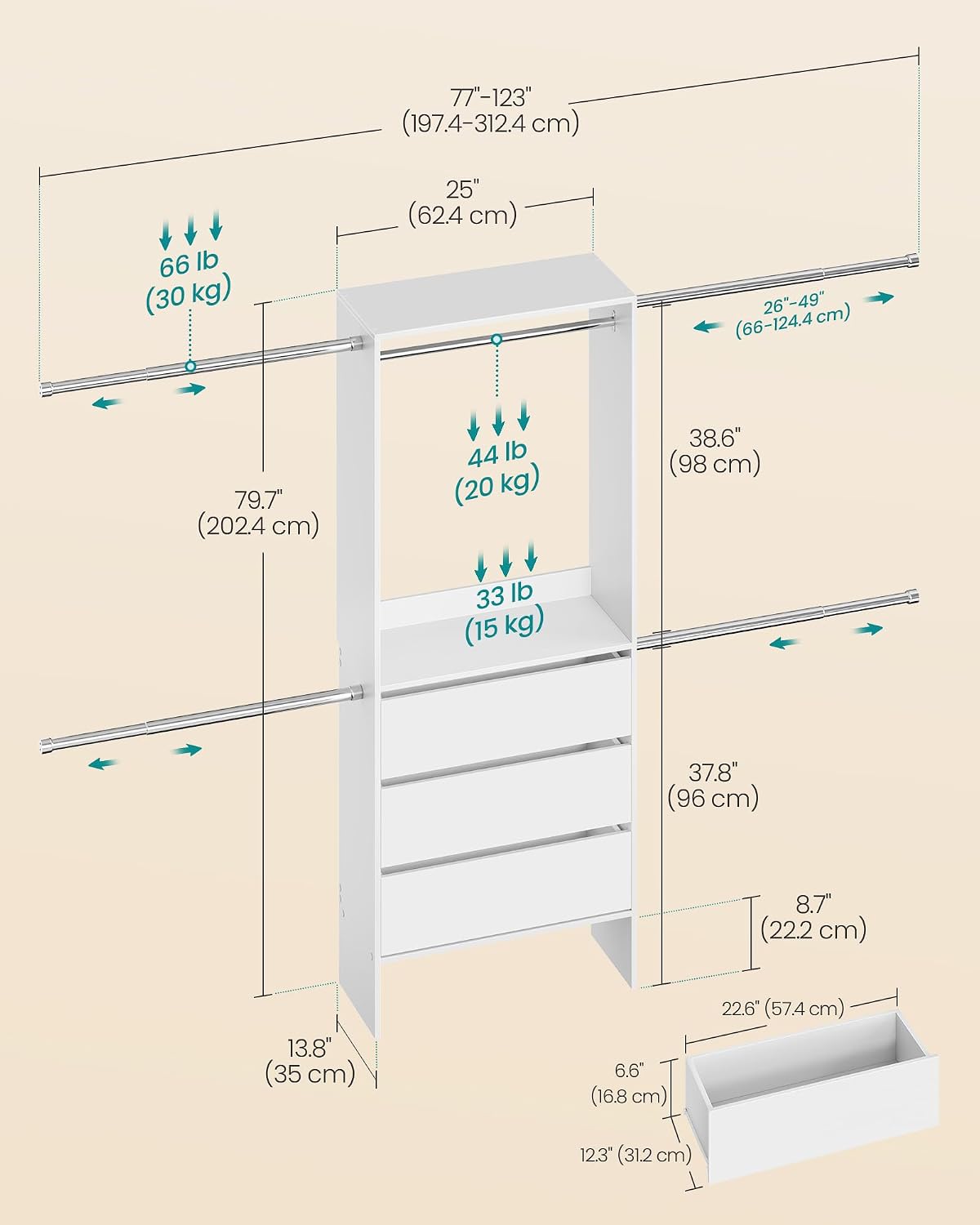 songmics closet system, customizable walk-in closet organizer system, side view