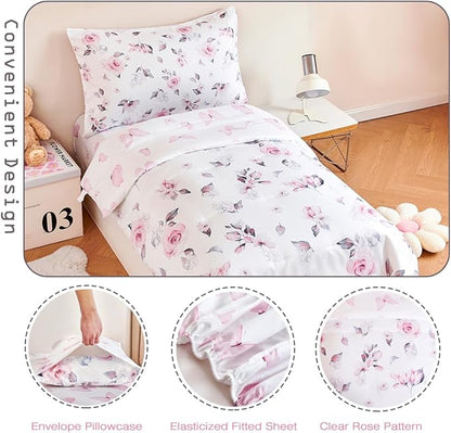 PERFEMET Floral Toddler Bedding 4-Piece Pink Flower Toddler Girls Comforter - Image 5