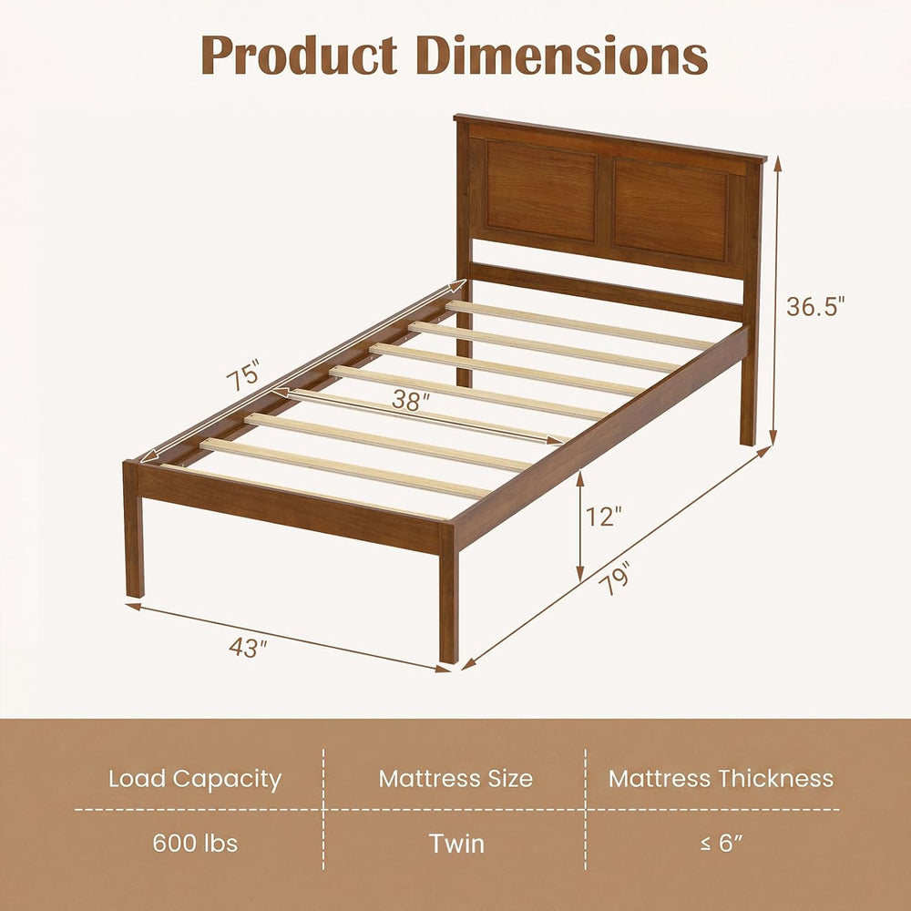 KOMFOTT Twin Size Bed Frame, Farmhouse Wooden Platform Bed with Headboard