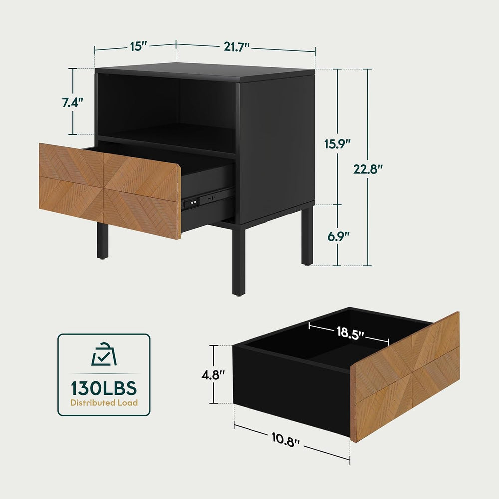 Bme Vivian Solid Wood Nightstand, End Table, Bedside Table with Herringbone P...