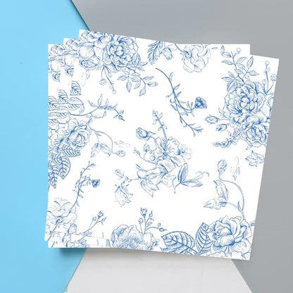 100 Pack Blue Floral Cocktail Napkins Blue and White Floral Toile Paper Napkins - Image 8