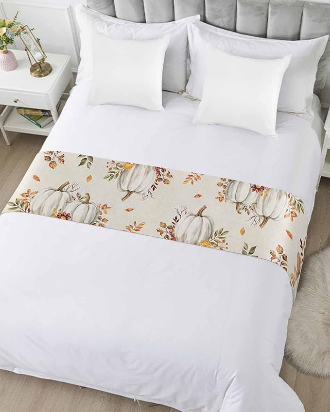 Thanksgiving Pumpkin Fall Maple Leaf Watercolor Bed Runners - Image 3