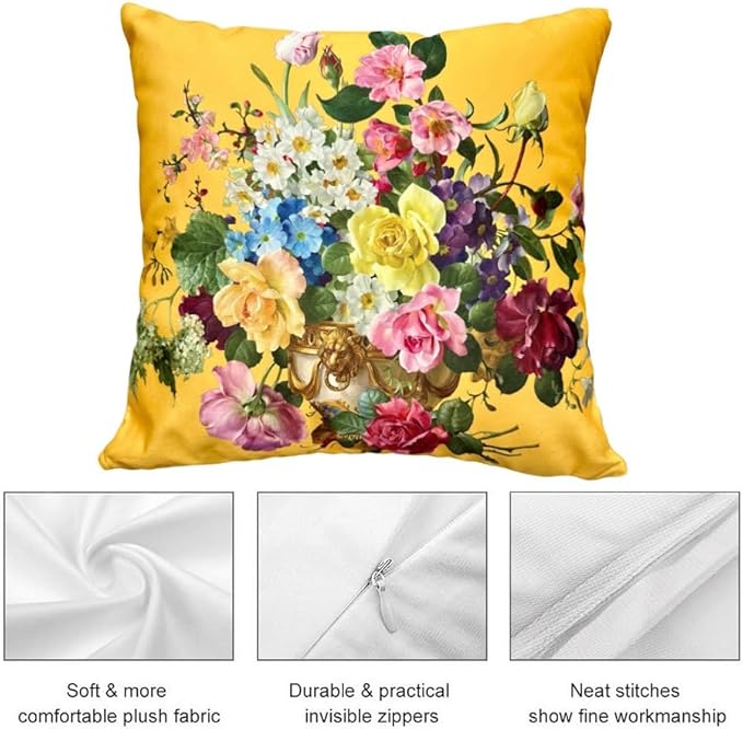 Yellow Floral Pillow Covers 18x18, Vintage Flower Plush Throw Pillow Case - Image 3