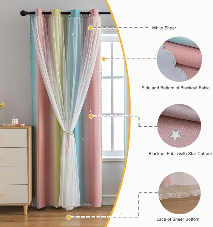 Star Girl and Kids Curtains for Bedroom Rainbow Ombre Double Layer Cute Shot - Image 4