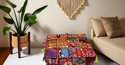 CRAFT KALA Indian Square Patchwork Traditional Pouf Cover Indian Living Room - Image 5