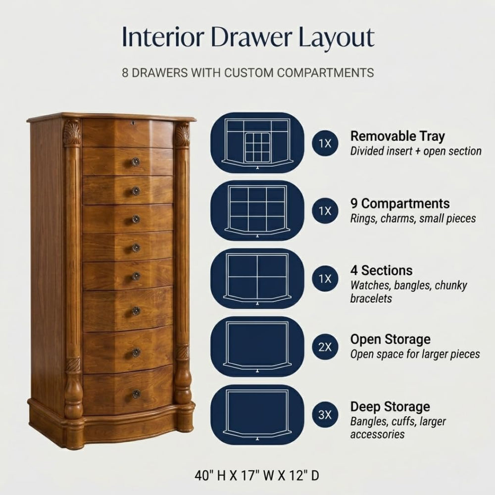 Hives and Honey Henry Locking Jewelry Armoire with Charging Port – 8 Drawer A...