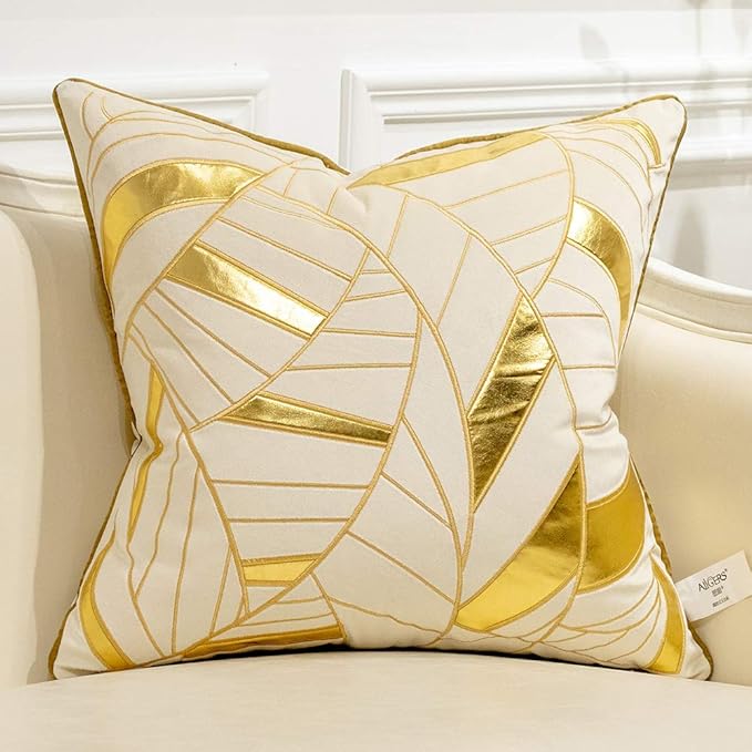 Avigers 18 x 18 Inches White Gold Leather Striped Cushion Case Luxury European by Avigers