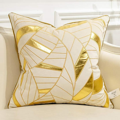 Avigers 20 x 20 Inches White Gold Leather Striped Cushion Case Luxury European by Avigers