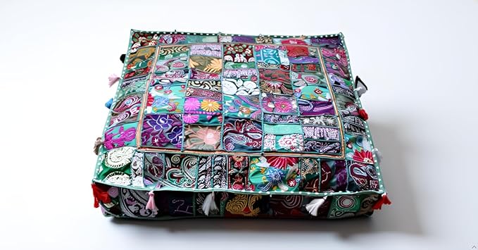CRAFT KALA Indian Square Patchwork Traditional Pouf Cover Indian Living Room by CRAFTKALA