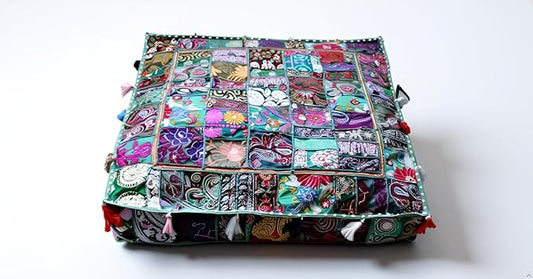 CRAFT KALA Indian Square Patchwork Traditional Pouf Cover Indian Living Room by CRAFTKALA