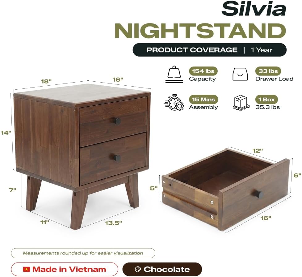 Acacia Silvia Nightstand with 2 Drawers, Solid Wood Bedside Table, Table with...