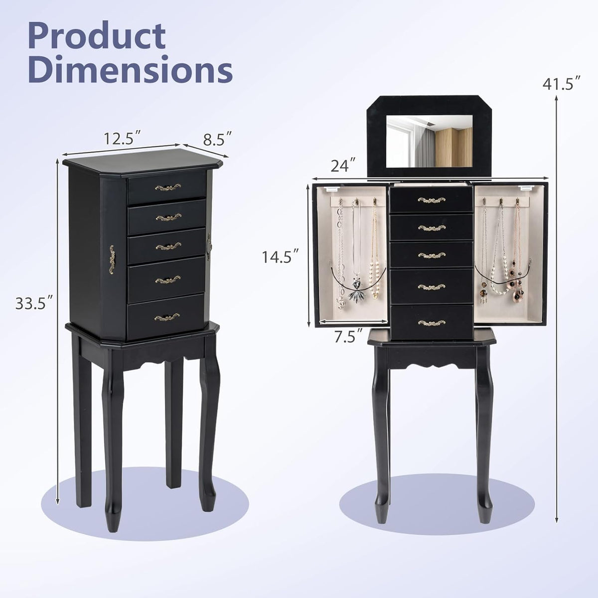 charmaid standing jewelry cabinet with 4 drawers, flip on a desk or shelf