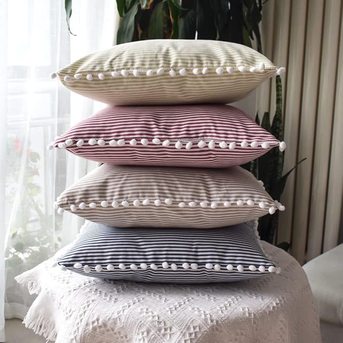 HOPLEE Decorative Blue Stripe Pillow Covers 20x20 Farmhouse Pom Pom Pillows - Image 6