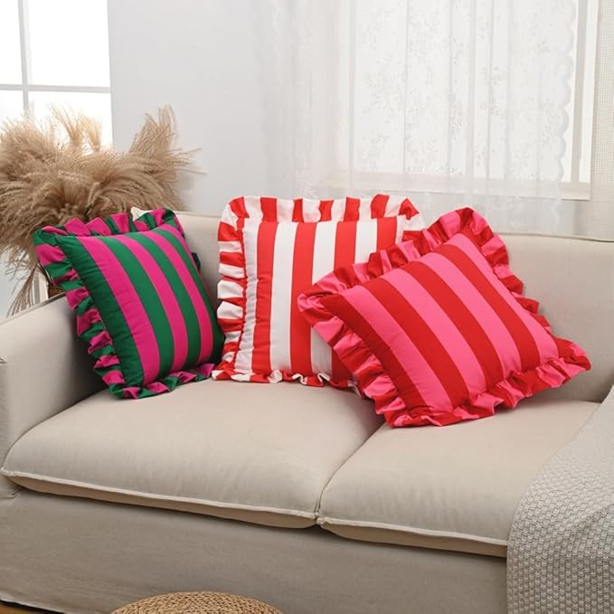 vctops Ruffle Square Throw Pillow Covers Boho Pink and Red Striped Decorative - Image 4