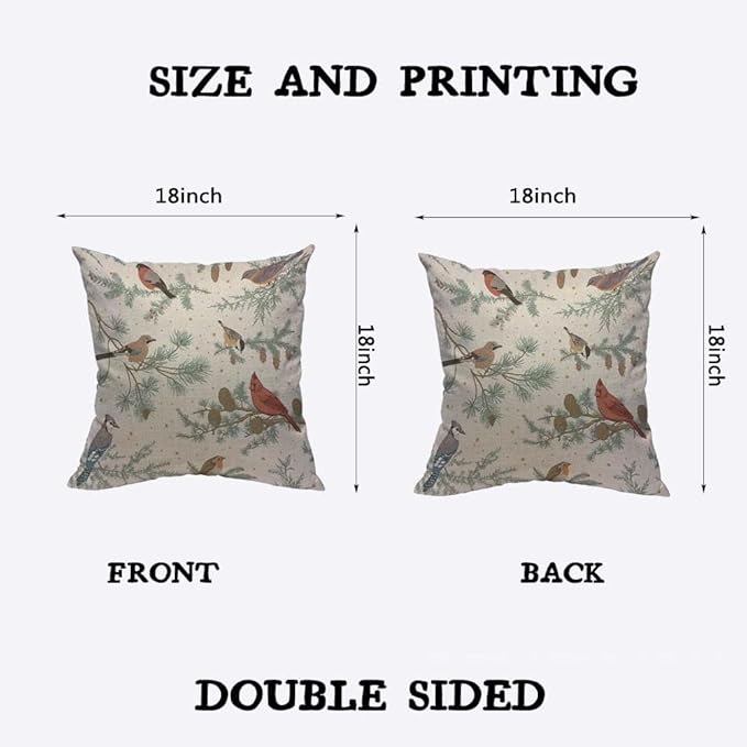 TKS MITLAN Winter Birds Pillow Covers 18 x 18 Inch Green Botanical Sparrow Red - Image 2