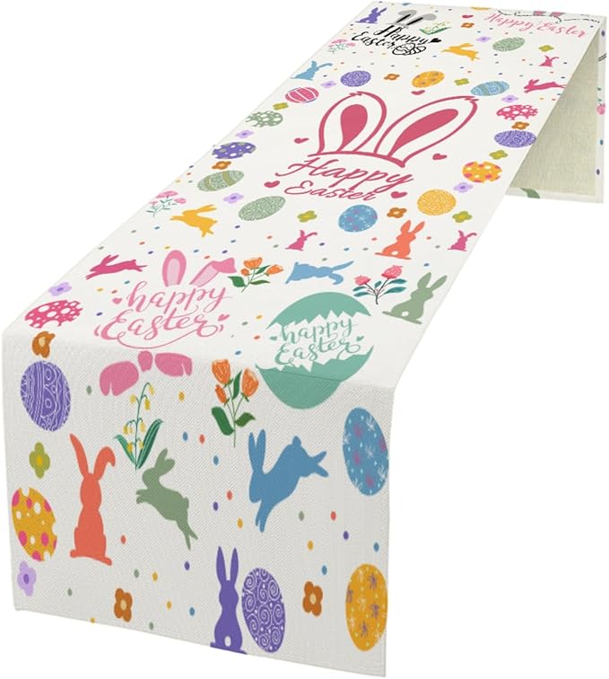 Happy Easter Table Runner, Easter Rabbits Linen Farmhouse Table Runners - Image 6