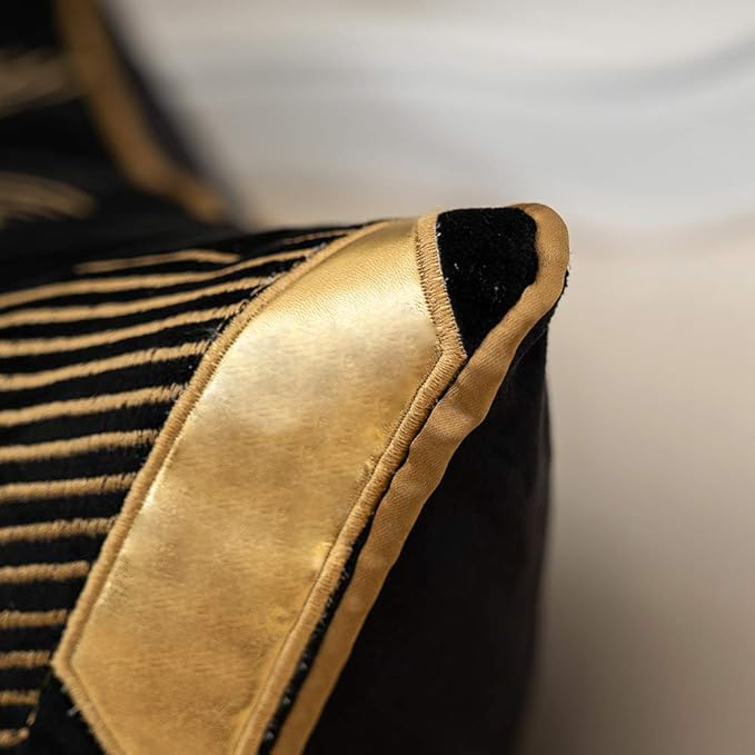 Alerfa 20 x 20 Inches Black Geometric Gold Leather Striped Cushion Cases - Image 4