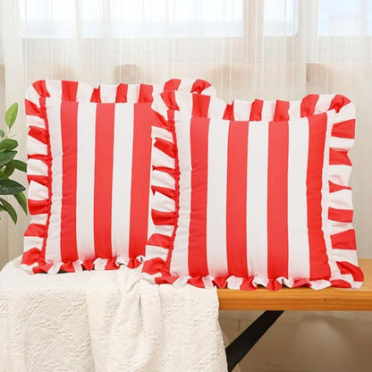 vctops Ruffle Square Throw Pillow Covers Boho Red and White Striped Decorative by vctops