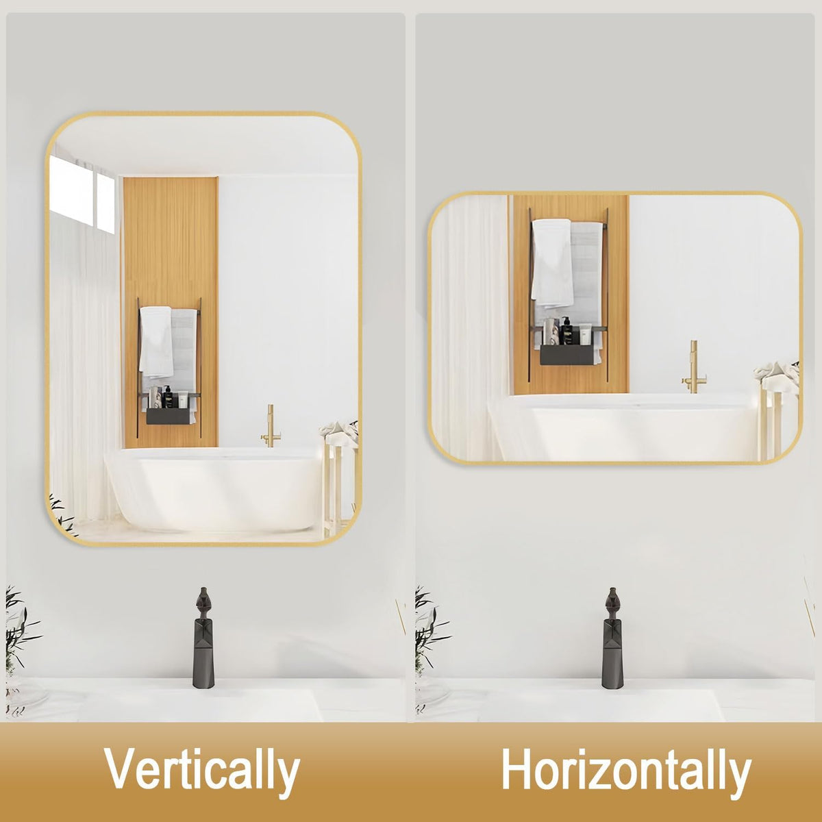 24x36 inch gold bathroom mirror, brushed brass gold on a desk or shelf