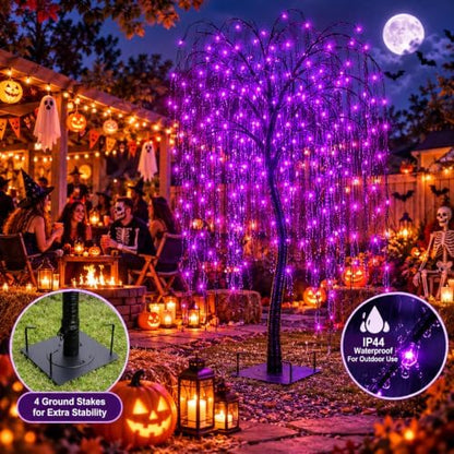 LIGHTSHARE 7 Feet Halloween Willow Tree with Spiders, 256 LED Lights for Home, Festival,Nativity, Party, and Christmas Decoration,Indoor Outdoor Use, Purple