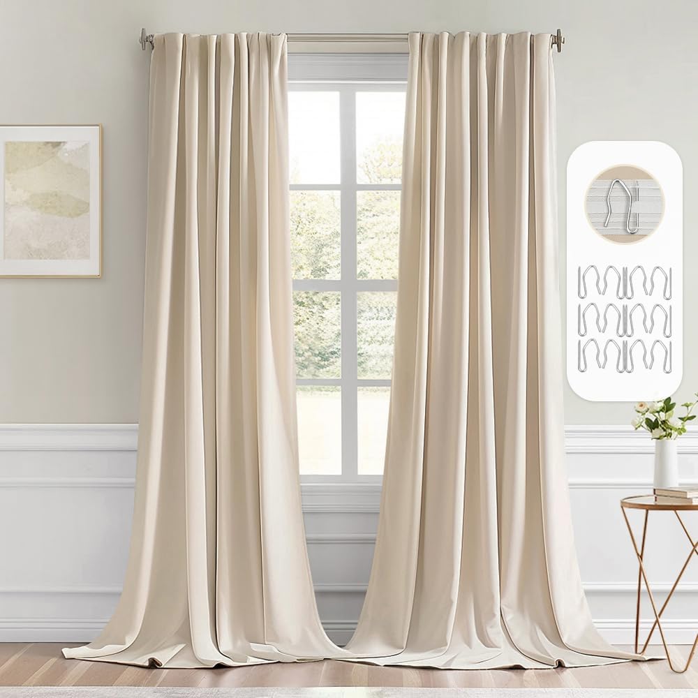 MIULEE Cream Beige Back Tab Blackout Curtains 52x96 Inch Long 2 Panels Set