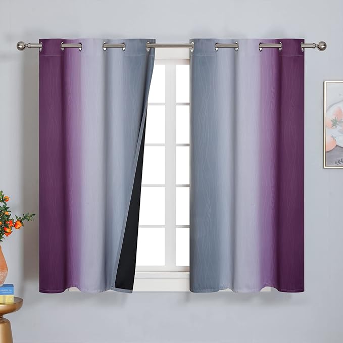 Purple and Grey Blackout Curtains 45 Inches Long, Ombre and Wavy Line Pattern by ESTELARTEXTILER