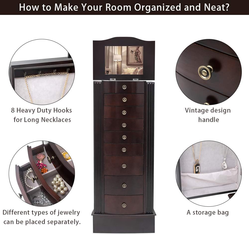 vasitelan large standing jewelry armoire cabinet chest with showing dimensions